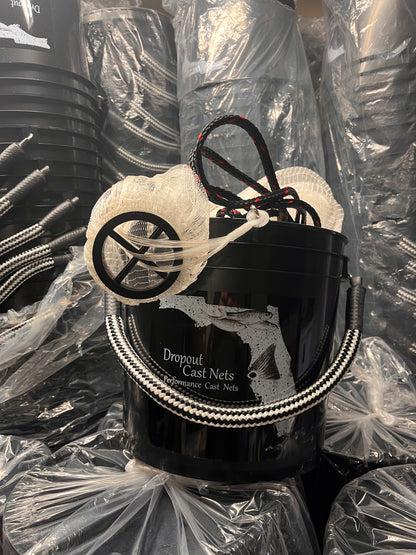 Dropout cast net packed in its black 3-gallon Dropout bucket with rope handle